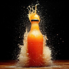 Poster - Dynamic orange liquid explosion around glass bottle on wooden surface against dark background studio shot