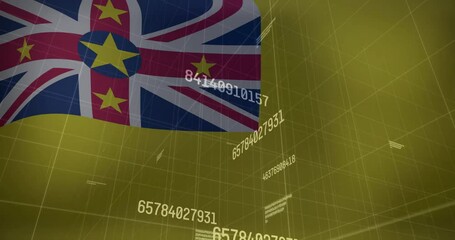 Poster - Waving Niue flag with animation of floating numerical data over digital grid