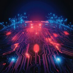 Poster - Futuristic Circuit Board with Glowing Nodes and Lines in Neon Colors for Technology and Innovation