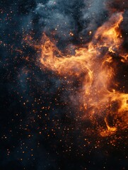 Poster - Dramatic fiery explosion with glowing embers against a dark cosmic background creating a powerful visual impact and evoking a sense of dynamic energy