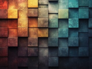 Poster - Abstract geometric cube arrangement with gradient color transition from warm to cool tones for modern design