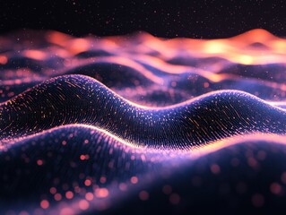 Poster - Abstract landscape of glowing particles creating a wavy surface with a dark background and a dreamy and futuristic mood