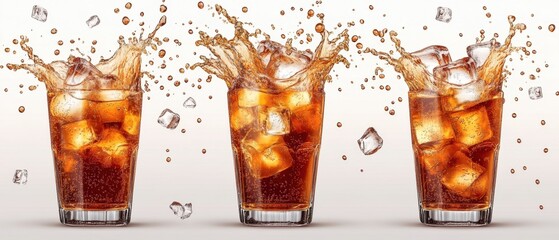 Poster - Refreshing cola beverage with ice cubes creating dynamic splash in transparent glasses on bright background showcasing summer refreshment