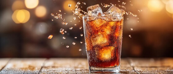 Poster - Refreshing cola drink with ice cubes splashing in glass on wooden table against blurred background