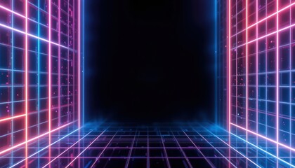 Poster - Futuristic neon grid adventure virtual studio digital art dark environment wide angle view creative concept for immersive experiences