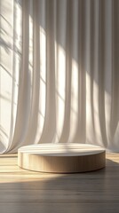 Poster - Elegant Product Display Podium with Soft Light and Flowing White Curtain Backdrop for Showcase and Presentation