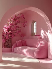 Poster - Serene pink interior with soft sofa and cherry blossom branches creating a calming and dreamy atmosphere in a minimalist style with natural light