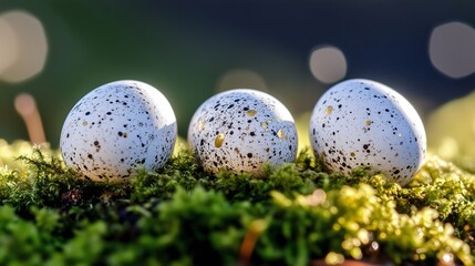 Aufkleber - colorful speckled eggs resting on vibrant green moss in a serene outdoor environment during daylight