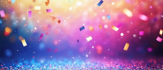 Poster - Festive confetti shower over sparkling surface creating a vibrant celebration atmosphere with bokeh lights and colorful background