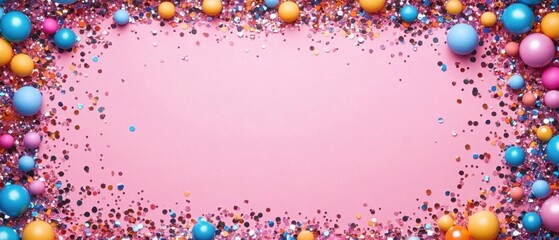 Poster - Festive pink backdrop with colorful confetti and spheres creating a vibrant celebration mood and ample copy space for promotional content