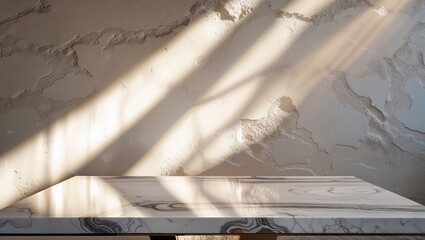 Poster - Sunlight illuminating a marble table against a textured wall in a modern interior setting