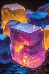 Poster - Captivating cluster of colorful crystal formations illuminated with vibrant light showcasing geological beauty and mineralogical wonder against a dark backdrop