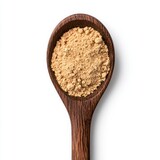 Wooden spoon filled with powdered garcinia cambogia supplement finely ground and rich in color isolated on a white background 
