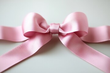 Poster - Elegant Pink Ribbon Bow on Soft White Background Capturing Delicate Texture and Gentle Light for Gift Decoration