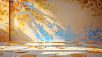 Poster - sunlit autumn leaves casting shadows in a warm, inviting interior setting with colorful wall art and