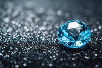 Poster - Captivating blue diamond on a sparkling dark surface with bokeh effect macro shot for jewelry design and luxury concept