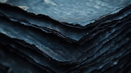 Poster - Stack of textured dark blue papers with rough edges in artistic close up capturing depth and texture