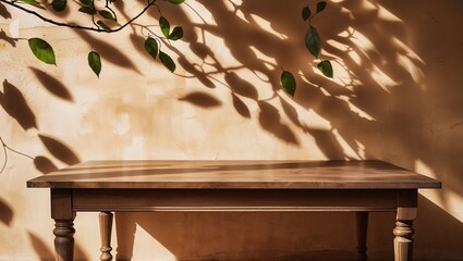 Poster - elegant wooden table casting shadows from leafy branches on a warm, textured wall in soft natural li