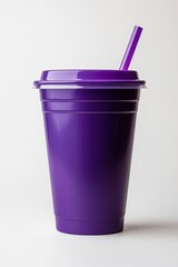 Poster - Purple plastic cup with lid and straw on white background studio shot with clean aesthetic and modern style for stock photography