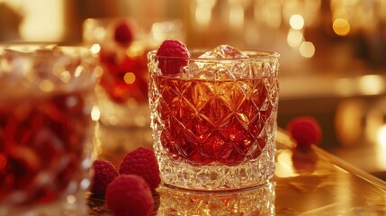 Poster - Elegant crystal glass filled with refreshing raspberry cocktail on a reflective surface in warm light