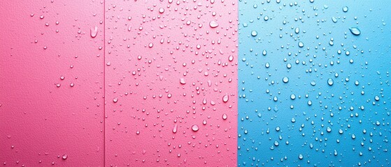 Poster - Fresh dew drops on vibrant pink and blue textured surface creating a refreshing and clean background perfect for modern design and minimalist aesthetics