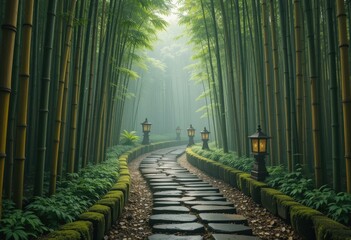  Misty Bamboo Forest Pathway Lanterns - Serene Nature Scene Wellness, Meditation, Yoga Retreats