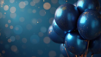 Poster - Lively array of rich blue balloons with shiny finish against deep blue background. Golden specks add luxury. Perfect grand celebrations events. Celebration, festive atmosphere, party. Holiday,