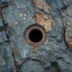 Poster - Geological Time Capsule A Rusty Metal Ring Embedded in Ancient Rock Formation Evoking Mystery and History