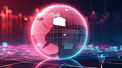 Poster - Global Network: Digital Globe rendered in neon hues, symbolizing technology, interconnection, and data visualization, floating within a network, representing connectivity.