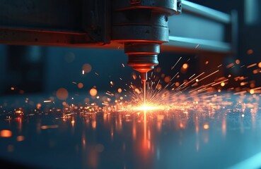 Poster - Laser beam cuts metal sheet emitting bright sparks. Industrial manufacturing tech process. Precision laser cutting machine. Metalworking production, innovative automated technology in workshop.