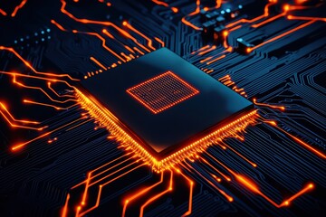 Poster - Glowing microchip on a circuit board close-up shot
