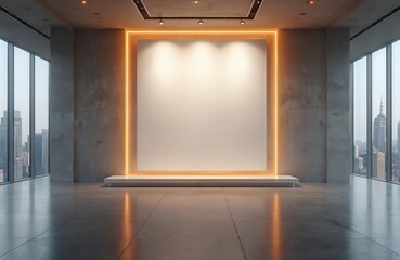 Aufkleber - Modern art gallery interior. Large blank canvas on wall, city view through windows. Empty showroom with polished floor and luxury ambience. Presentation space.