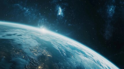 a blue planet with a bright sun in the sky. the sun is shining on the planet and the sky is filled w