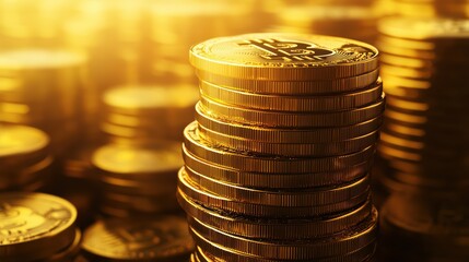 Poster - Golden bitcoin coins stacked in soft light background