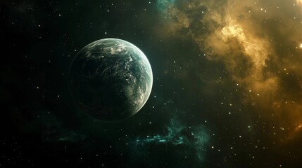 Wall Mural - a planet is floating in space with a yellow and orange cloud in the background. the planet is surrou