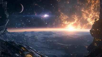 Wall Mural - a planet with a sun in the sky and a moon in the background. the sun is setting and the moon is in t