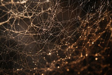 Intricate spiderweb glistening with morning dew, creating a mesmerizing golden pattern.