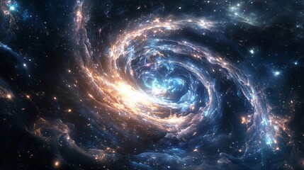 Wall Mural - a spiral galaxy with a bright blue center and orange and yellow swirls. the galaxy is filled with st