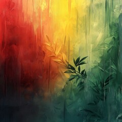 Poster - Abstract Vertical Stripes with Leaf Branch: A Colorful Oil Painting with Depth and Texture