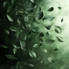 Poster - Ethereal Dance of Leaves: A Serene Cascade in Emerald Hues, Floating Gently in a Mystical Atmosphere