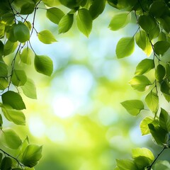 Poster - Fresh Green Leaves Frame: A Vibrant Spring Canopy Against Soft Sky, Light, and Nature's Embrace.