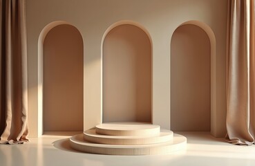 Poster - Minimalist stage design. Three arches, wood texture, beige background. Brown curtains on sides, empty space for product. Modern interior, scene for presentation, exhibition. Showcase display.