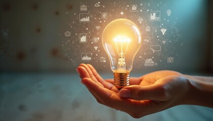 Poster - Hand holds glowing light bulb with digital technology icons. Concept new idea, innovation, creativity. Symbol energy, business solution, power, electricity. Modern tech, communication, network,