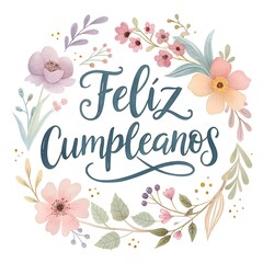  Feliz Cumpleaños text, watercolor font, floral design, pastel colors, elegant birthday, artistic greeting, delicate typography, soft tones, hand-painted text