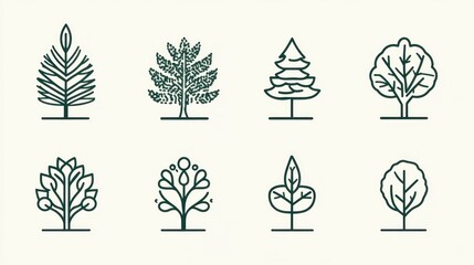Eight minimalist tree icons; nature, design, graphic, illustration, website, app