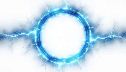 Poster - Glowing electric blue lightning round frame with plasma portal on white background. Energy bolt strike burst effect. Futuristic design. Illustration of abstract in night sky with bright glowing light.