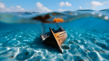 small wooden boat partially submerged in clear turquoise water under bright sunlight