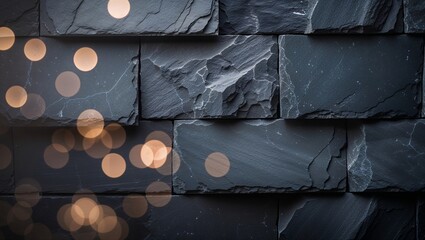 Poster - Textured dark stone wall with soft glowing lights creating a warm ambiance in a modern interior setting at night