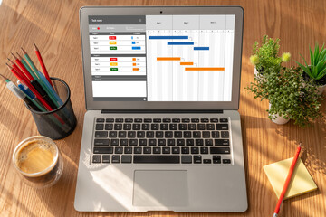 Poster - project planning software for modish business project management on the computer screen showing time
