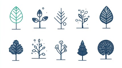 Ten minimalist tree icons; nature, design, symbols, illustration, website